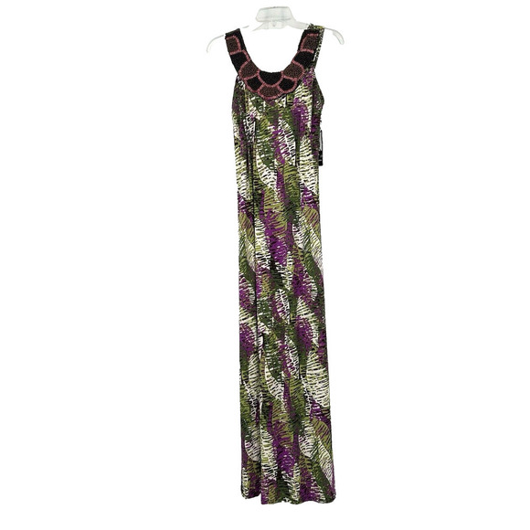 Lennie For Nina Leonard Maxi Dress Beaded Palm Leaf Green Purple Beachy Size L - Picture 1 of 9